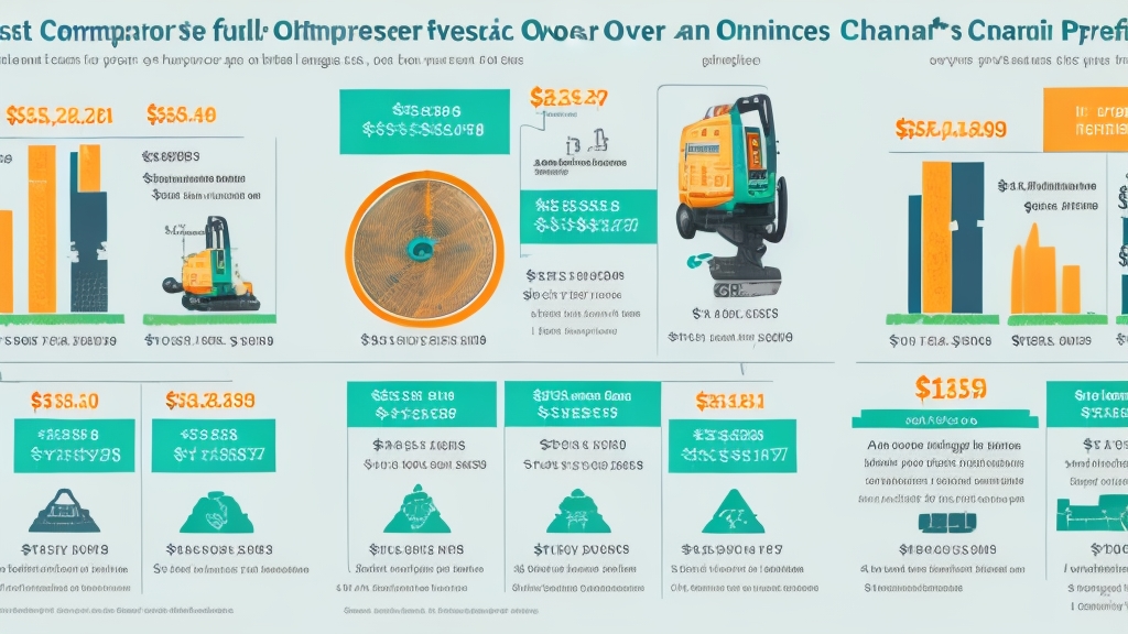 Részletes költség-összehasonlító diagram láncfűrész kategóriák 5 éves tulajdonlási költségével grafikonokkal és ikonokkal